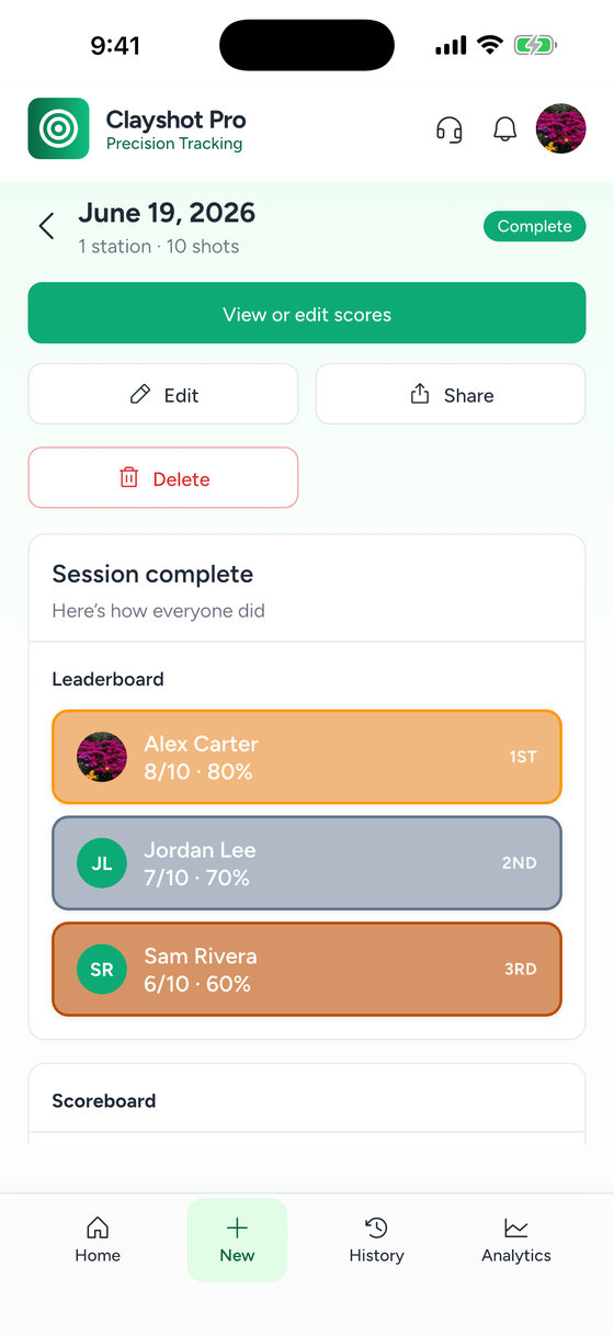 Clayshot Pro final session leaderboard ranking every shooter