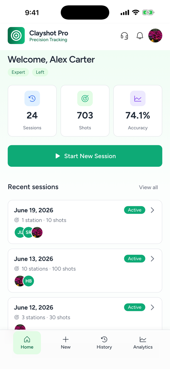 Clayshot Pro home dashboard showing session stats and recent activity