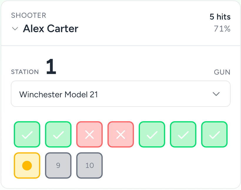 Clayshot Pro live scoring card tracking hits and misses shot by shot
